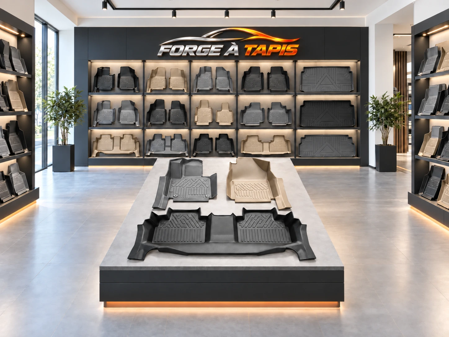 Showroom Forge à Tapis avec des tapis 3D noirs, gris et beiges